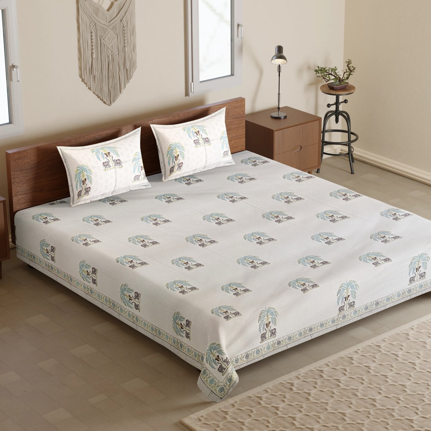 Pure Giza Cotton Percale Handblock Printed 350+TC Bedsheet with 2 Pillow Covers