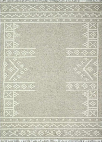 Sage and cream rectangular kilim rug with an open centre, cream geometric borders and fringed ends