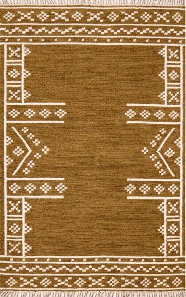 Ochre and cream rectangular kilim rug with an open centre, cream diamond and chevron border motifs and fringed ends