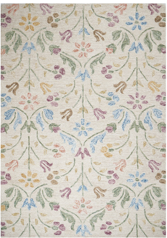 Citrapuṣpa cream wool rug with blue, pink and plum floral vines and sage-green leaves.