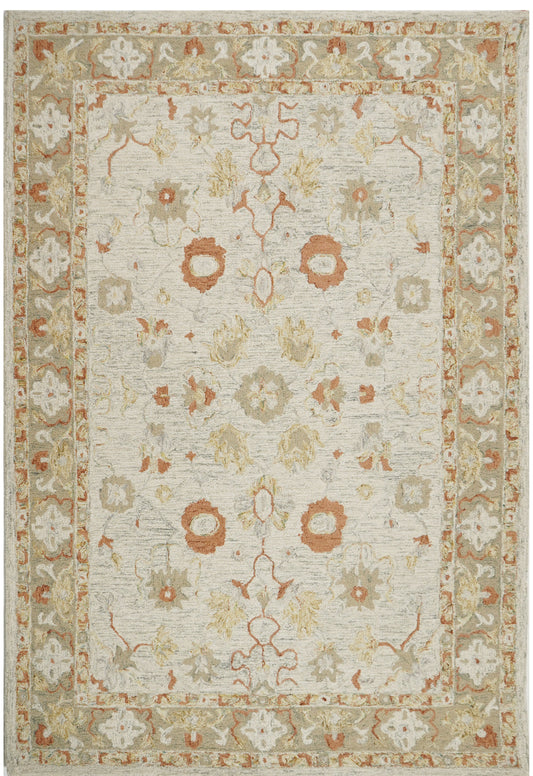 Maruvarṇa cream wool rug with rust-orange flowers, pale sage leaves and a broad beige floral border.