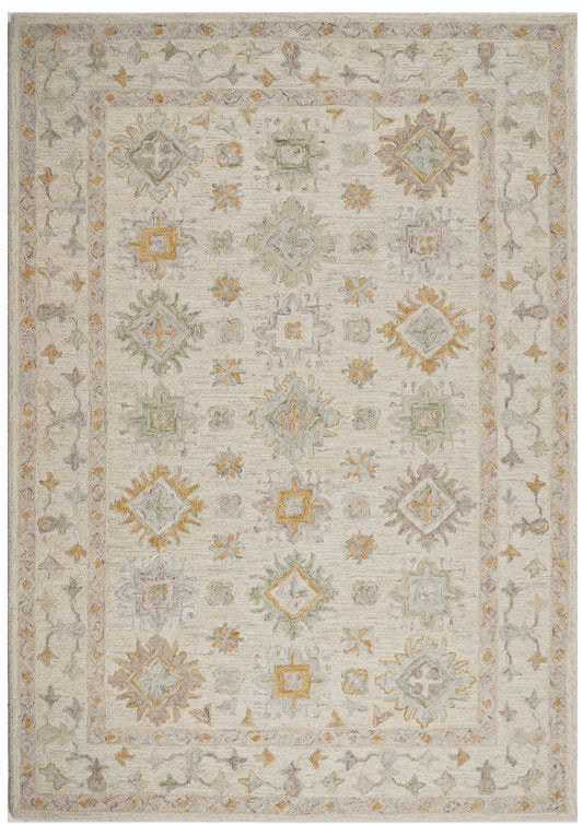 Manda-Nāraṅgavarṇa cream wool rug with pastel floral motifs, ochre accents and a soft botanical border.