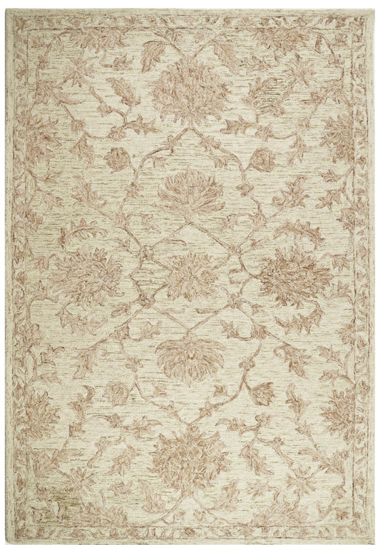 Śvetaka-Raktau cream wool rug with taupe floral vines, dusty pink accents and a narrow botanical border.