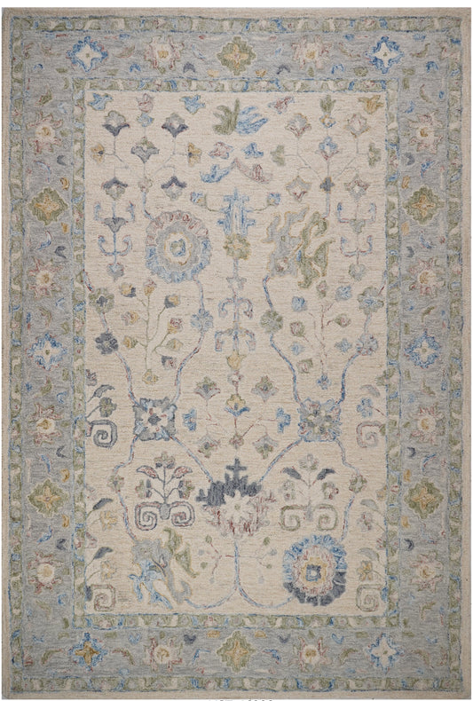 Asasita cream wool rug with pastel floral vines and a broad blue-grey botanical border.