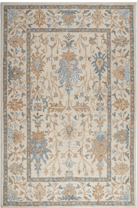 Kācanīla cream wool rug with blue and ochre floral vines, a botanical border and blue-grey decorative bands.