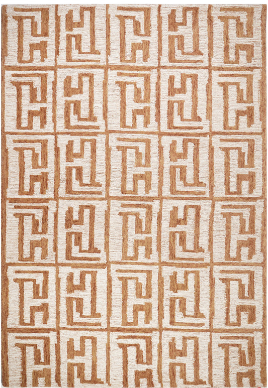 Vyūha wool rug with ochre maze-like motifs arranged in a repeating rectangular grid on cream.